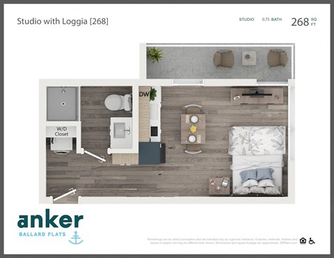 Floor plan for studio, 1 bath, 265 sqft